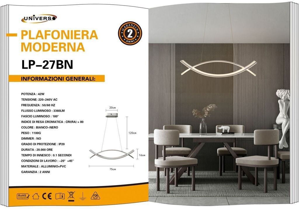 Lampada Soffitto Design 42W LED UNIVERSO LP-27BN Bianca e Nera 3360lm