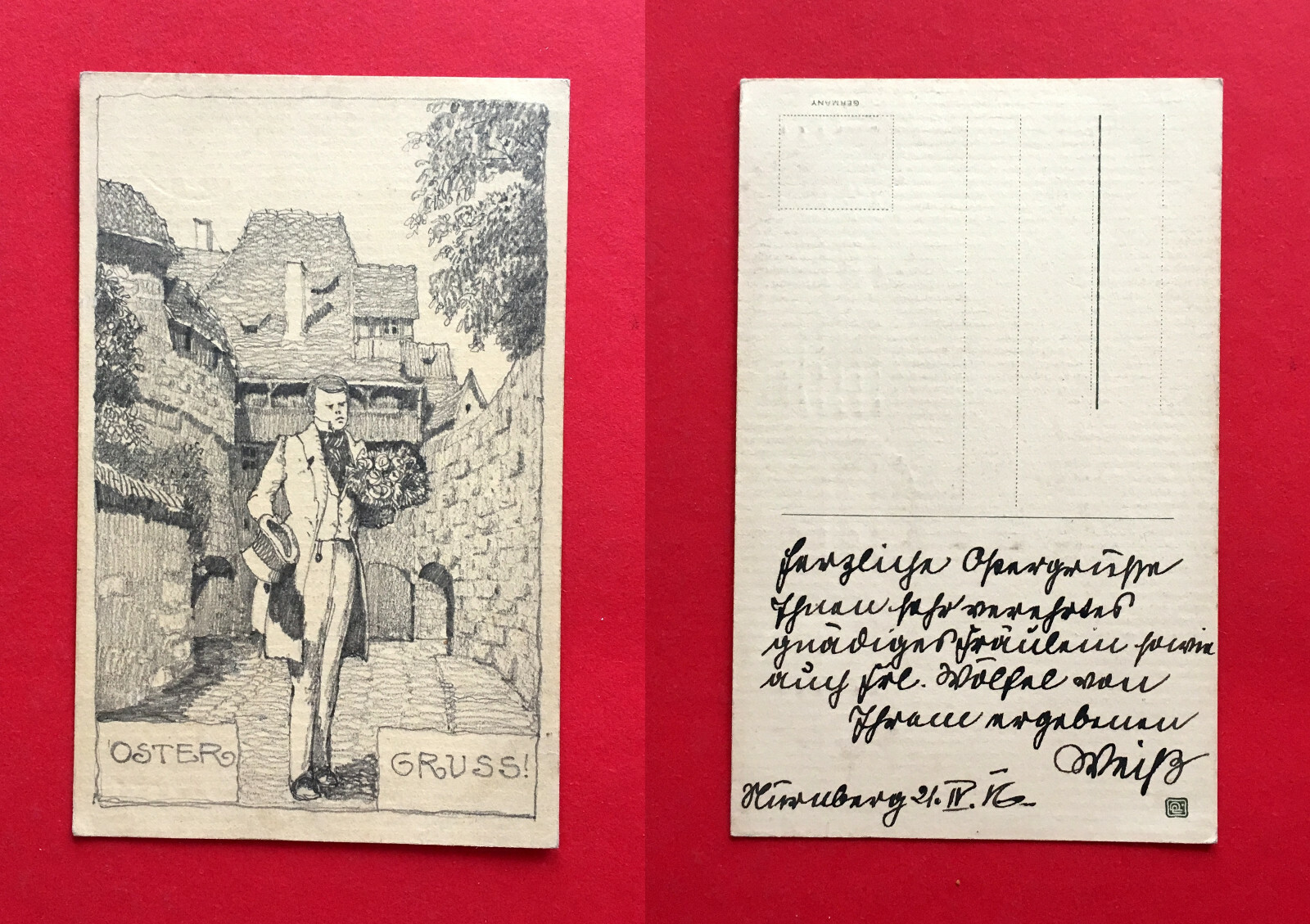 handgemalte Künstler AK um 1916 Oster Gruss feiner Heer mit Blumen ( 55140