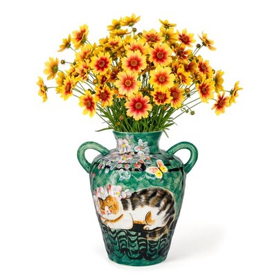 BUYMAX Handmade Ceramic Floral Vase with Sleeping Cat & Butterfly