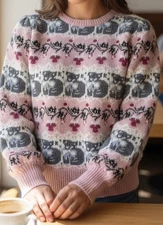 VTG 80s Susan Bristol Sweater Size 38 Med Cat Fair Isle Noelty Ugly Cute READ