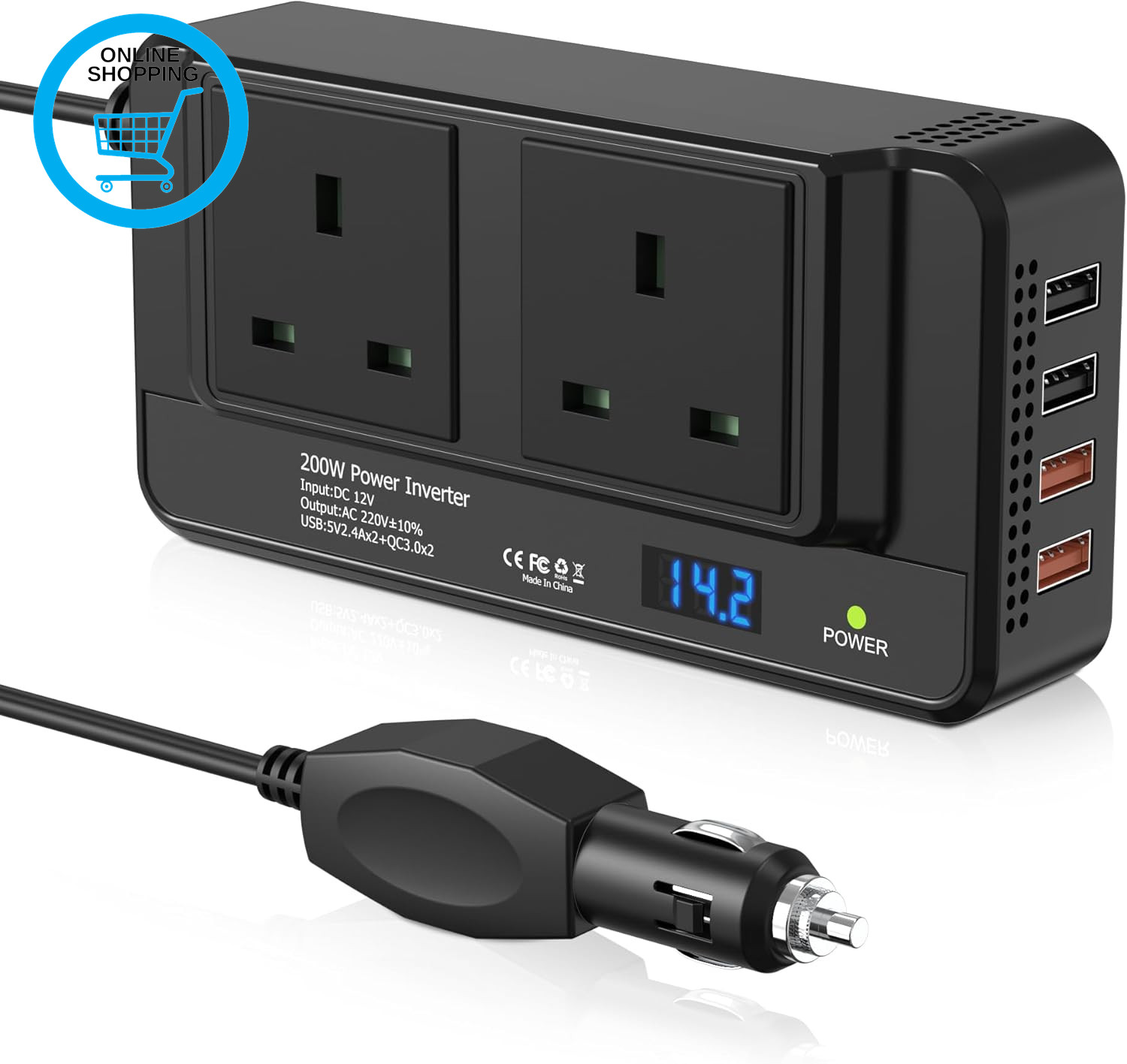 200W Car Voltage Converter Inverter DC 12V to AC 230V with 2 Sockets and 4 USB P