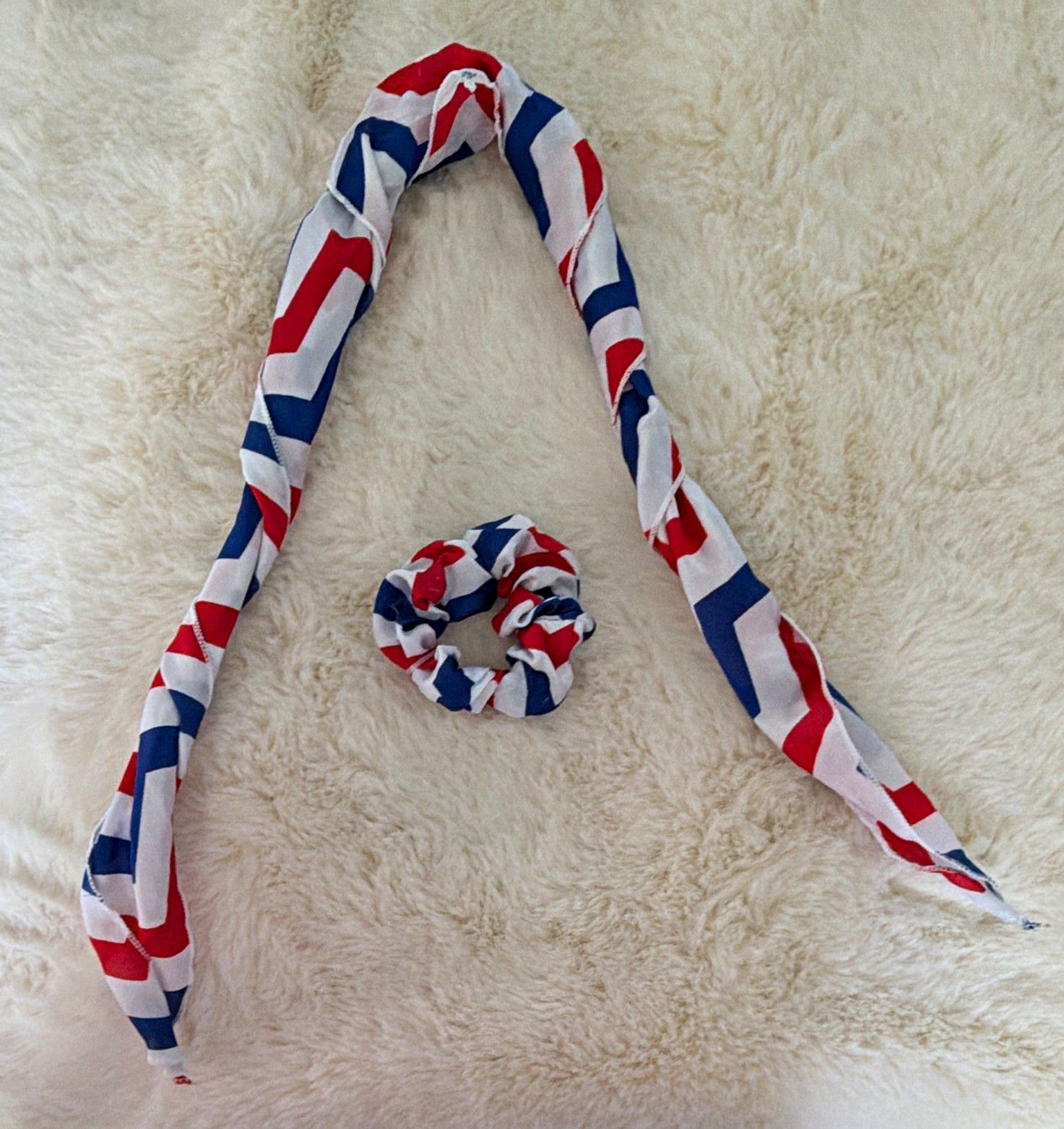 Red White Blue Geometric Fabric Scrunchie with Scarf Tie Hair Wrap Set