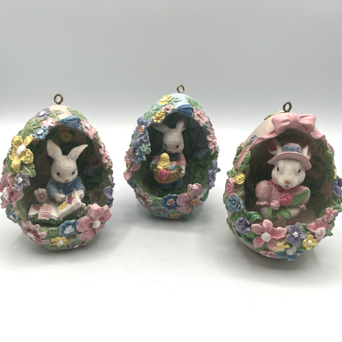 Vintage Osterhase Ei Diorama Ornamente (3) Pastell Blumen Frühling Dekor 3,5"