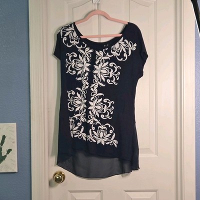 B.L.E.U. Black White Floral Embroidered Round Neck Short Sleeve Top XL