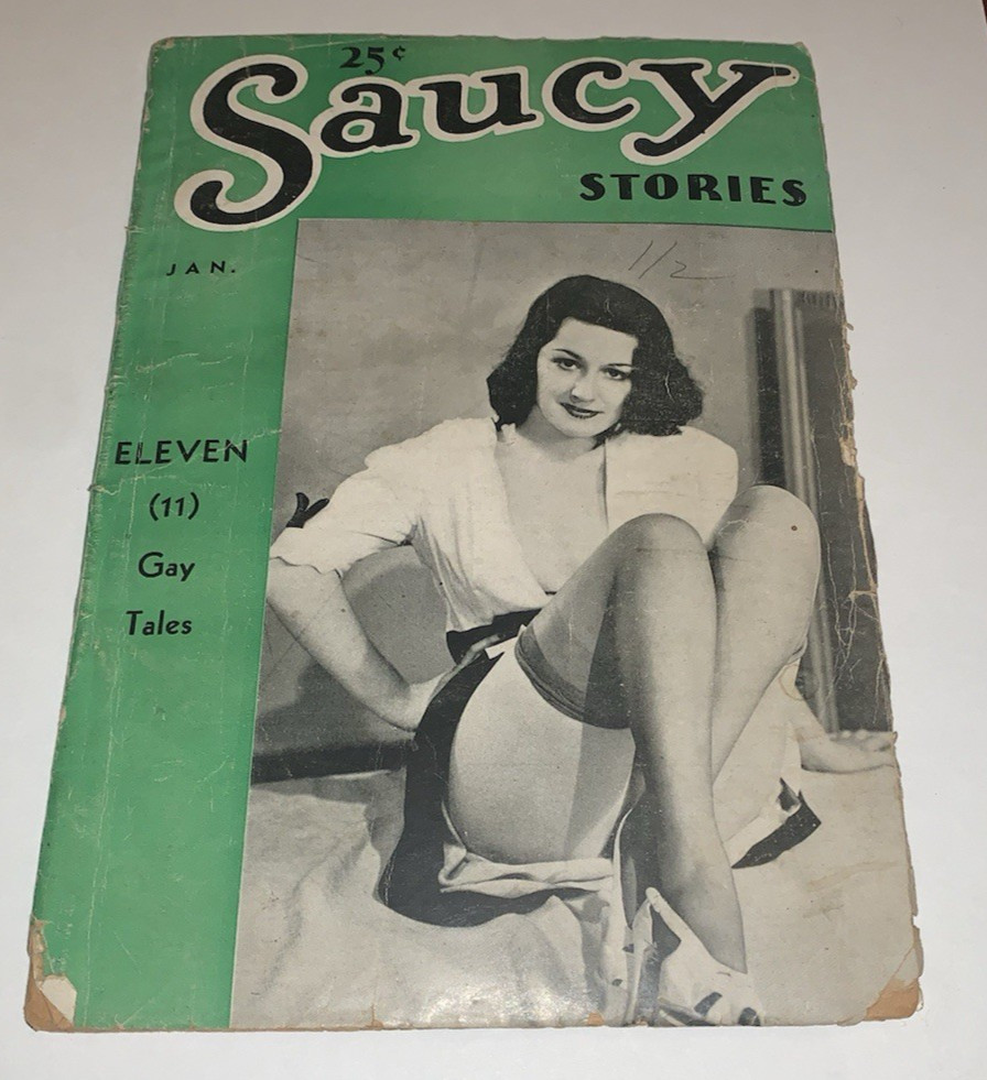 Pulpa Saucy Stories enero 1938 pinup picante foto cubierta medias pies patas