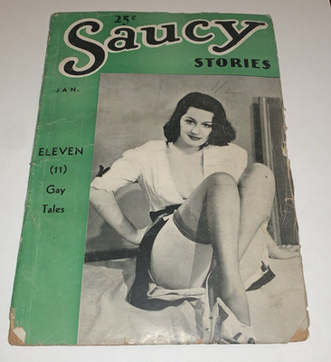 Saucy Stories pulp January 1938 Spicy Pinup Photo Cover Stockings Feet Legs
