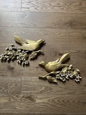 MCM Vintage 1967 Pair Gold Birds Dogwood Branch Wall Decor Syroco Excellent!