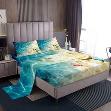 Ocean Bed Sheets Set Queen Beach Fitted Coastal Nature Queen, Multi 45