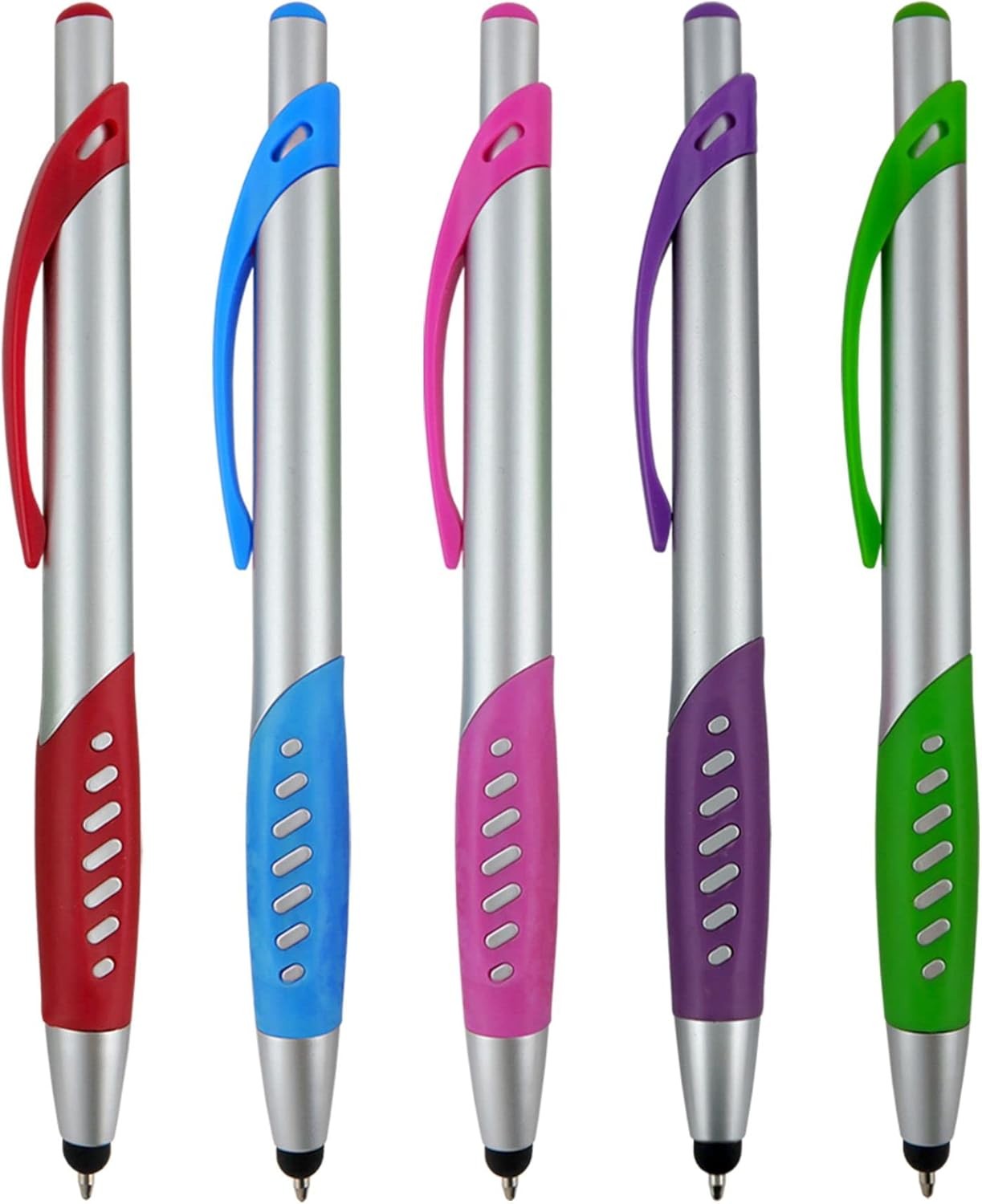 2 in 1 Capacitive Stylus & Ballpoint Pen Comfort Grip for Any 5 Pack, Silver