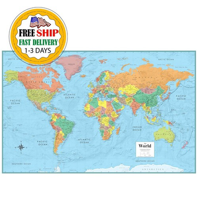 #ad Mapa Gigante Del Mundo 32#x27;#x27; x 50#x27;#x27; Laminado Completo Pueblos Y Ciudades Claros $59.99