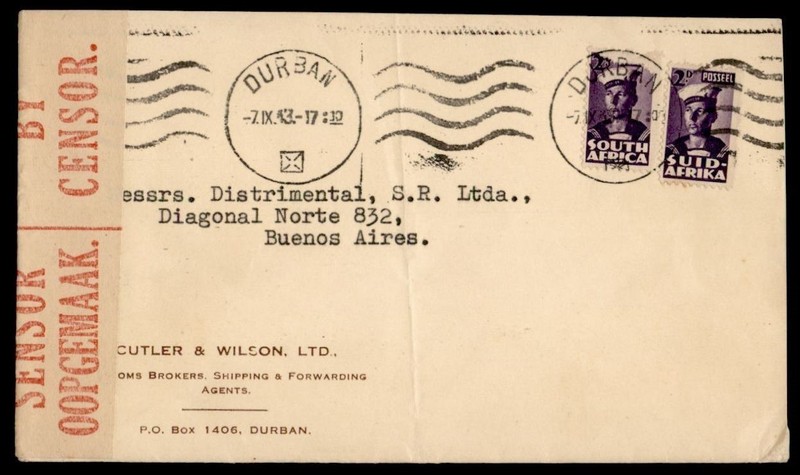 DR WHO 1943 SOUTH AFRICA DURBAN TO ARGENTINA WWII CENSOR R81997