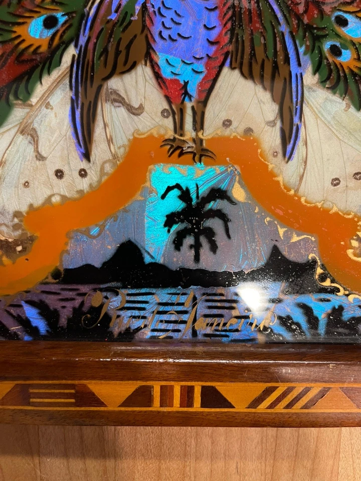 Vtg Antique Exotic Wood Tray Butterfly Wing Reverse Glass Painting Peacock Art - Image 4 of 4