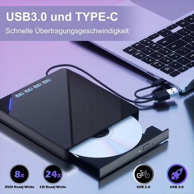 Externes CD/DVD Laufwerk USB 3.0 Type-C Brenner Player Für PC Laptop Windows 11