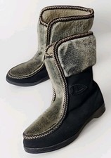 Vintage 60s 70s Yodelers Black Gray Ski Faux Suede Fur Sherpa Boots Womens 7.5