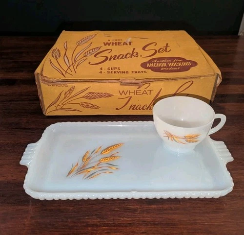 Vintage Anchor Hocking Wheat Snack Set 8pc w/Box – Mid‑Century - Excellent