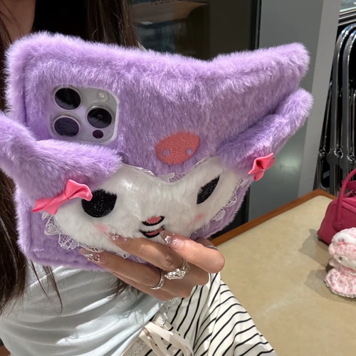 Cute Kuromi Plush Fuzzy Phone Folio Case Purple Cover w/Hand Strap For iPhone - Picture 2 of 6