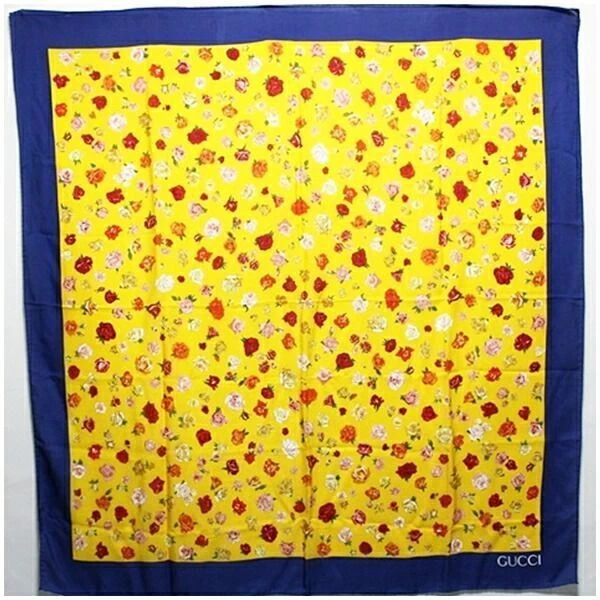Foulard Gucci jaune bleu rouge à fleurs en soie   Grande taille, accessoire femme, occasion A 