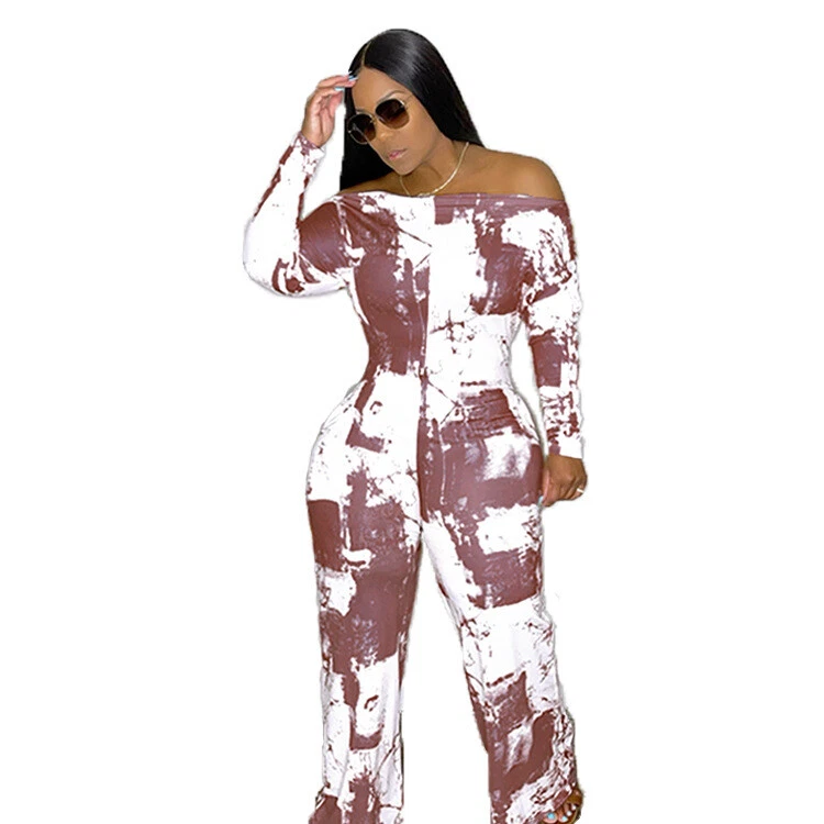 Новый женщин моды длинные рукава печать пэчворк прямой повседневный комбинезон комбинезон - Изображение 4 из 4