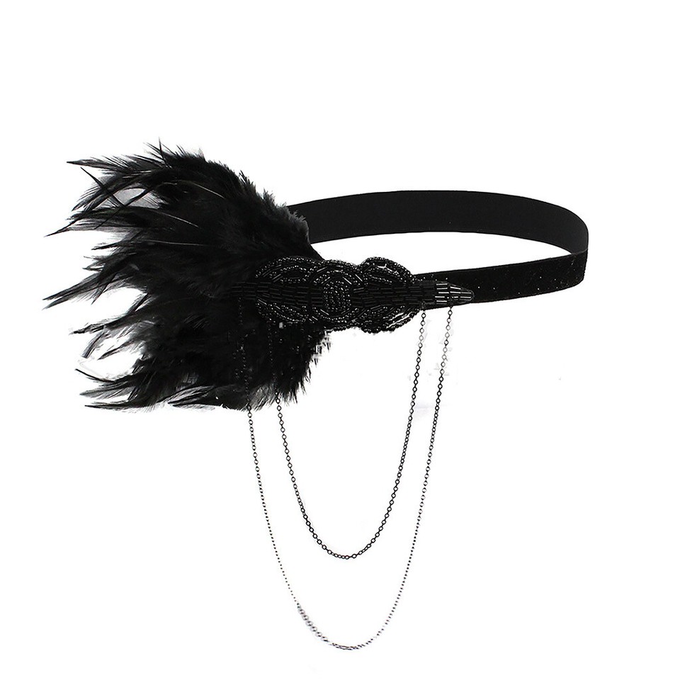Headpiece Charleston Headband Flapper Pearl Tassel Chain 1920s Black