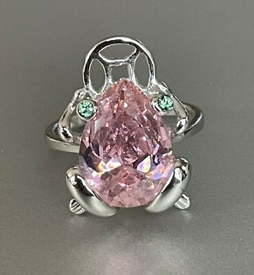 Rosa Topas Frosch Ring mit Peridot Augen in Rhodium gefasst - Größe 6