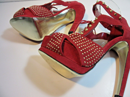 bebe Red Suede Gladiator Studded Platform Size 7 Women's Sexy Stiletto Heels - Picture 8 of 8