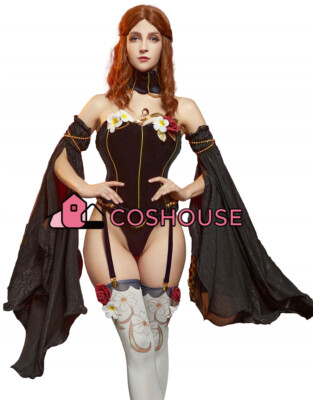 Women's Medieval Sexy Lingerie Set Flower Decor Black Bodysuit with Tulle Sleeve