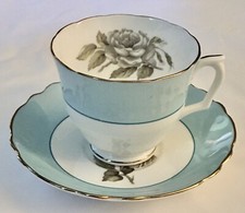 Vtg Crown Staffordshire Gray Rose Teacup Saucer England Fine Bone China 1940 s