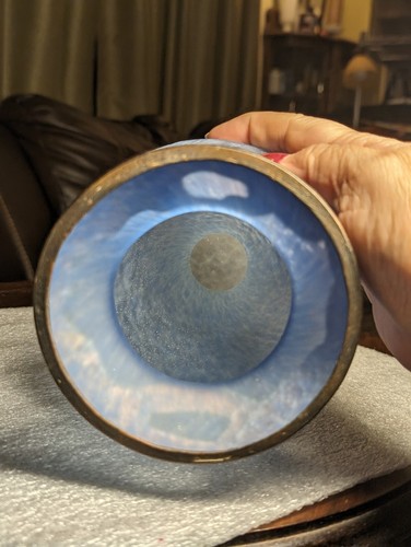 Large Vase Hand Made In Romania Frosty Blue Glass & Brass Accents Romblast VTG - Picture 11 of 22