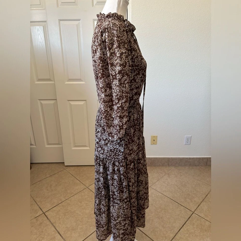 Vestido bohemio flor y pluma para mujer marrón floral pequeño manga 3/4 cuello redondo Foto 4 de 4