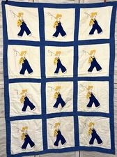 Vintage Handmade Quilt Lap Blanket Blue Overall Sam Boy Fishing Pole 39"x50"