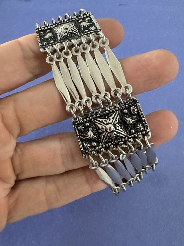 Bracelet Mexico Alpaca Silver Links Statement 1 in Wide Elaborate Stunning - Picture 3 of 11