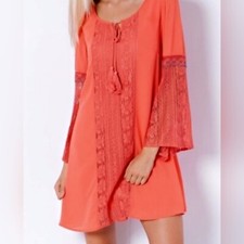 Entro Sz Small Coral Orange Embroidered Tassel Bell Sleeve Shift Dress Festival 