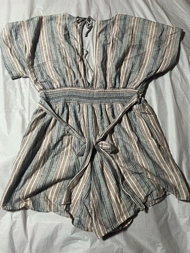 American Eagle Romper Striped (XL Long )Pockets Short Sleeve Cinch Waist Linen - Picture 4 of 4