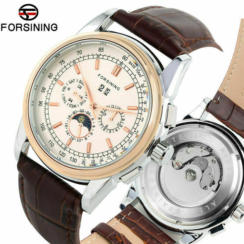 FORSINING Moon Phase Leather Strap Men Self-Wind Mechanical Wrist