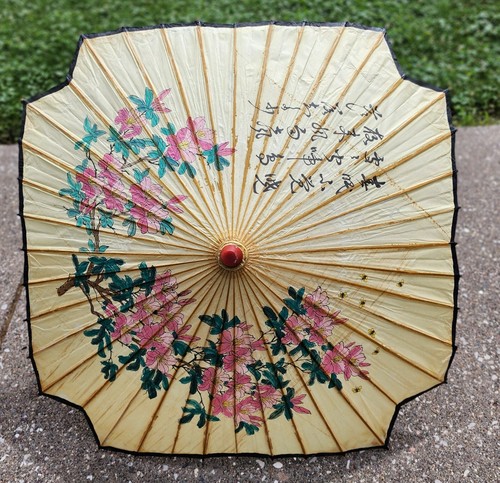 VTG RICE PAPER/BAMBOO ASIAN JAPANESE CHINESE FLORAL BUMBLE BEES UMBRELLA PARASOL - Picture 21 of 24