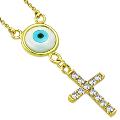 Sterling Silver Gold Womens Cross Evil Eye White Crystals CZ Pendant Necklace