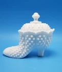 Vintage Fenton Handmade Hobnail Milk Glass White Boot Shoe Candy Dish with Lid