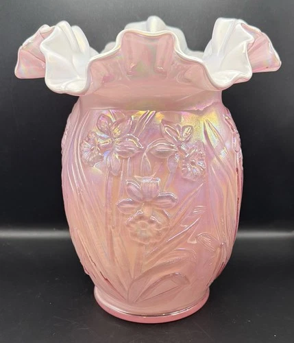 Fenton Glass Pink Iridescent Cased Daffodil Vase 8”