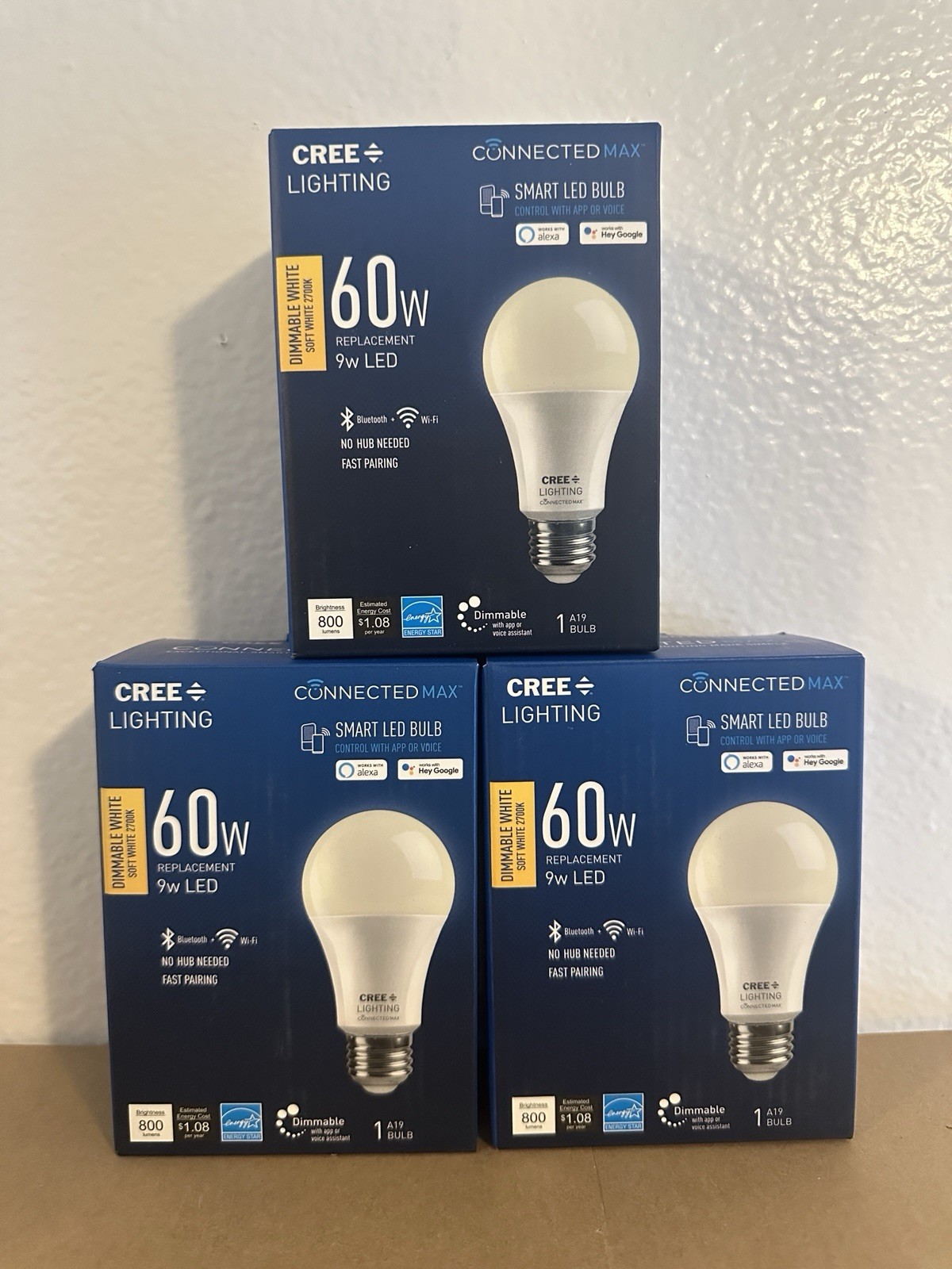 (3) Cree Lighting Smart LED Bulb 60W Dimmable White. Controlled With App/Voice