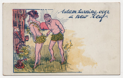 Adam Turning Over a New Leaf Comic Postcard Early Humor Undivided Antique