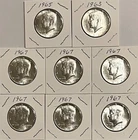 6-1967 Kennedy Half Dollars and 2-1965 Kennedy Half Dollars.