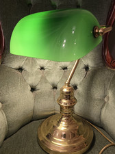 Vintage Brass Bankers Desk Lamp With Green Glass Shade Fully Working, Large Base