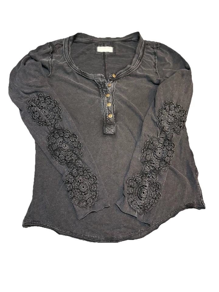 Free People Our Song Henley Cuff Long-Sleeve Shirt XL Washed Black - Image 3 of 4