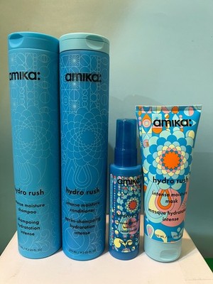 Amika Hydro Rush Intense Moisture Shampoo, Conditioner, Leave in Cond. &  Mask