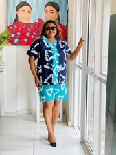 Women's African Print 2-Piece Outfit   Navy  Turquoise Patterned Top and Shorts