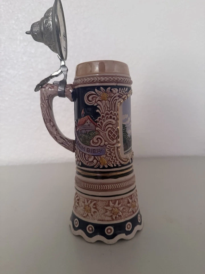 Taza de cerámica vintage alemana Stein Ramstein Pfalz con tapa de peltre coleccionable Foto 2 de 4