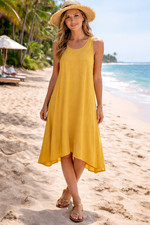 For Cynthia Women's M Linen A-Line Dress Sleeveless Mustard Yellow Lagenlook