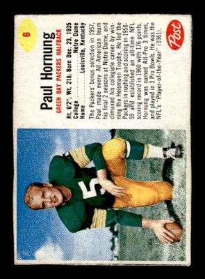 1962 Post Cereal #6 Paul Hornung - VG - EXACT SCAN - LOW GRADE SET FILLER