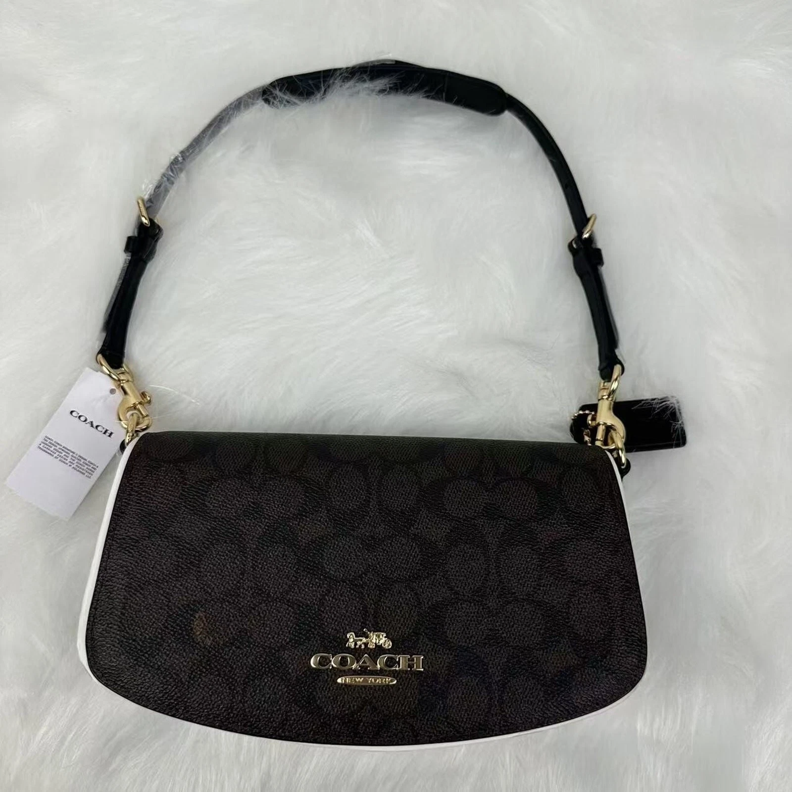 Borsa a tracolla Coach Andrea in tela firmata CV973 oro noce nero nuova con etichetta