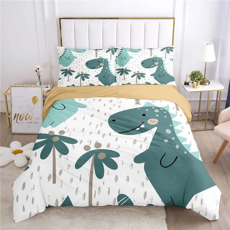 Copripiumino per Bambini, Set Da Letto Singolo, Blu Dinosaur Microfibra, Copripi - Immagine 3 di 4